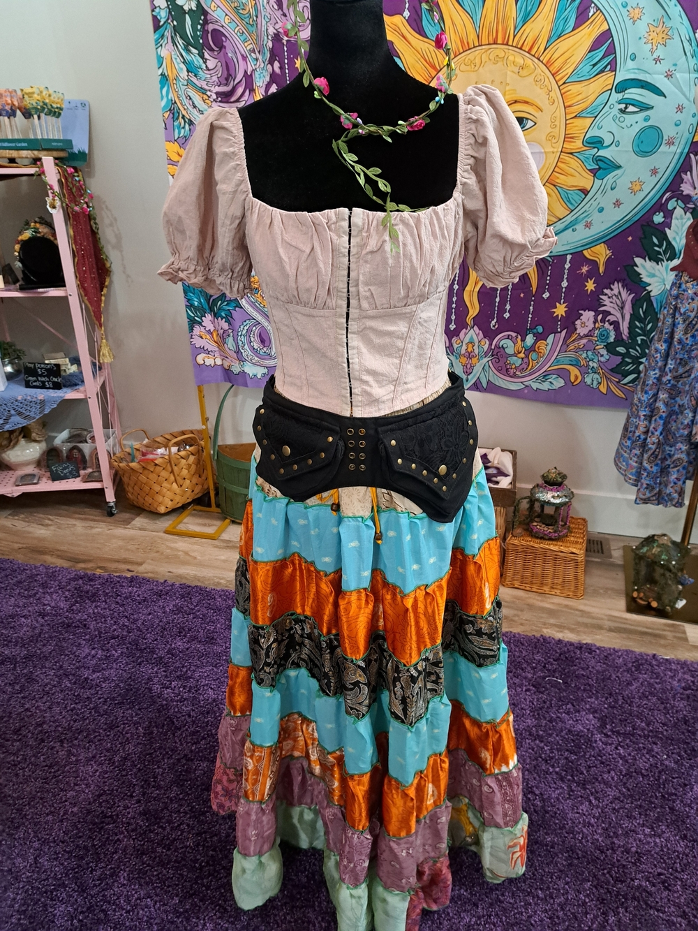 Sunwoven Caravan Fairy Outfit | Silk Patchwork Skirt, Corset Top & Hip Pouch